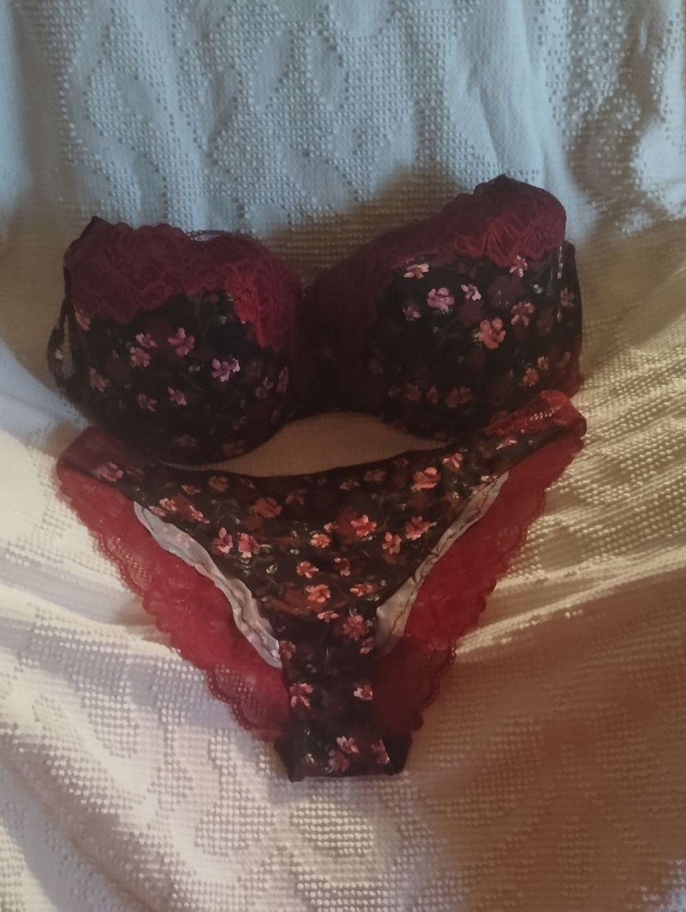 Adore Me Black and Burgundy Floral Lace Underwire Bra & Bikini Set